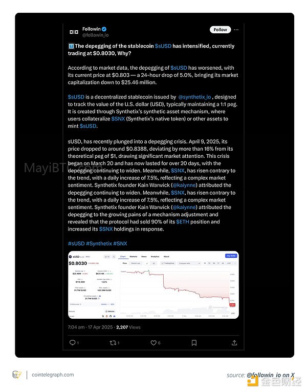 Synthetix 稳定币 sUSD 脱钩解释及影响分析